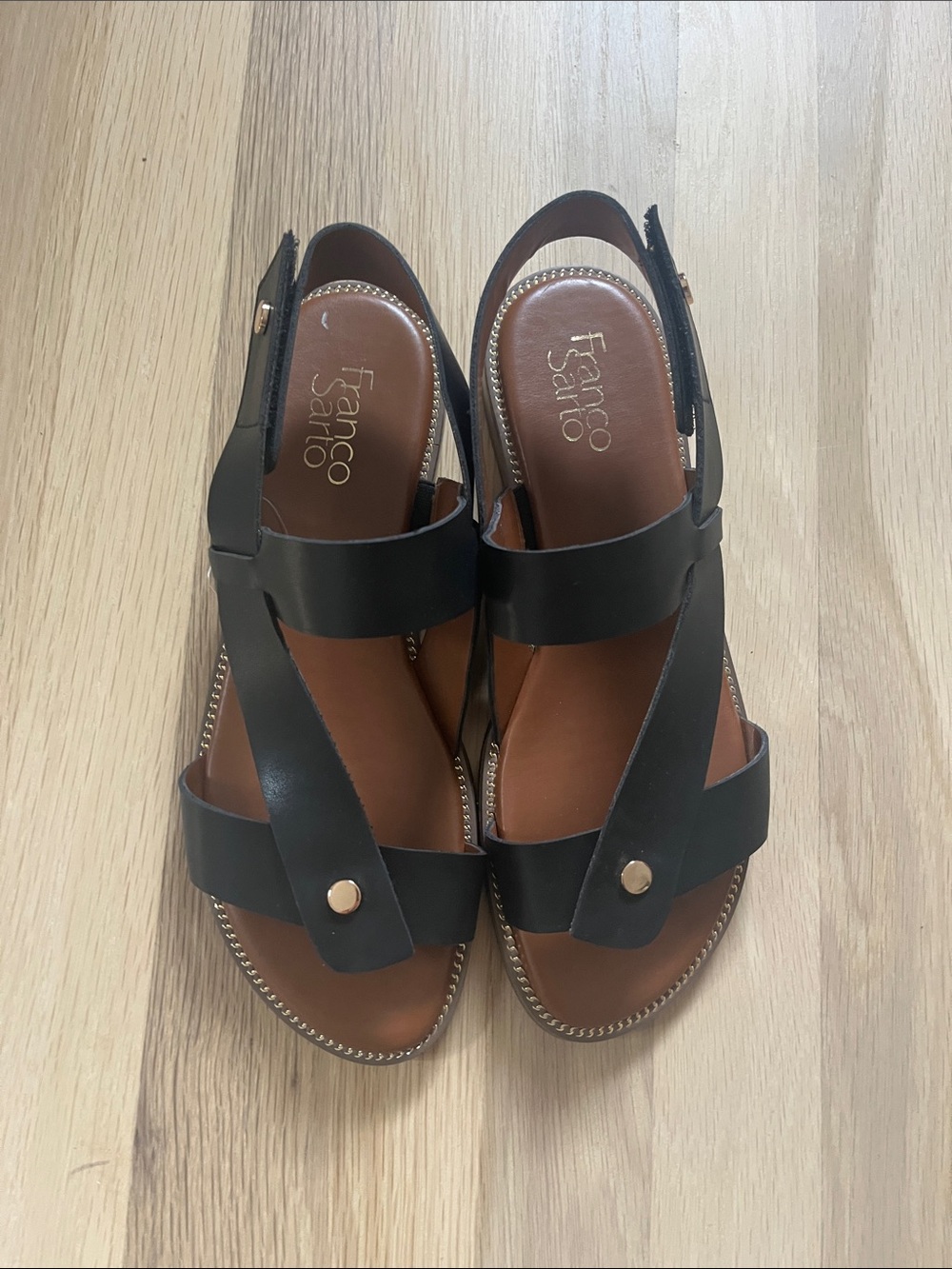 Franco Sarto Black and Brown Leather Cross-Strap Slingback Sandals